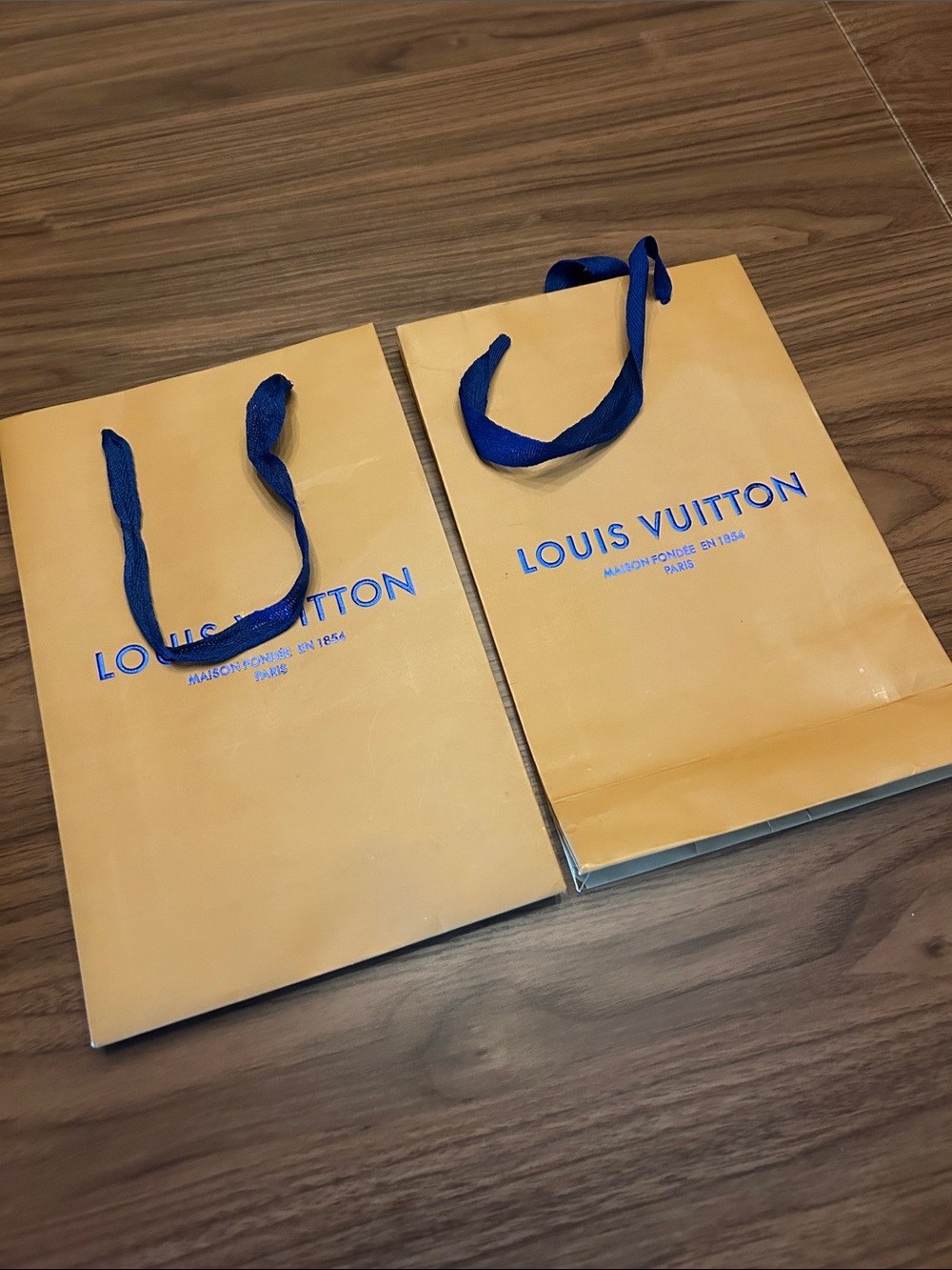 Set of 2 Louis Vuitton Orange and Navy Shopping Bags 11” x 7.5” x 3”